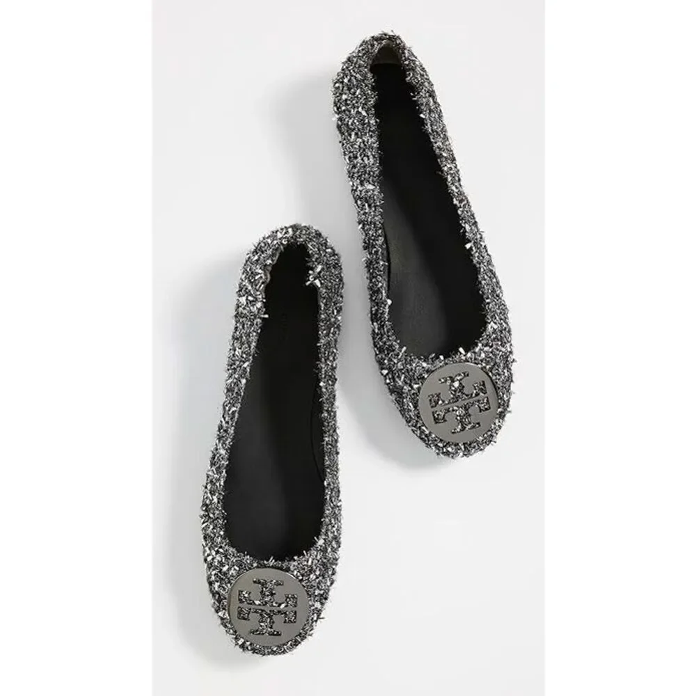 New Tory Burch Minnie Travel Ballet Women’s Size 8.5 M Silver Confetti
